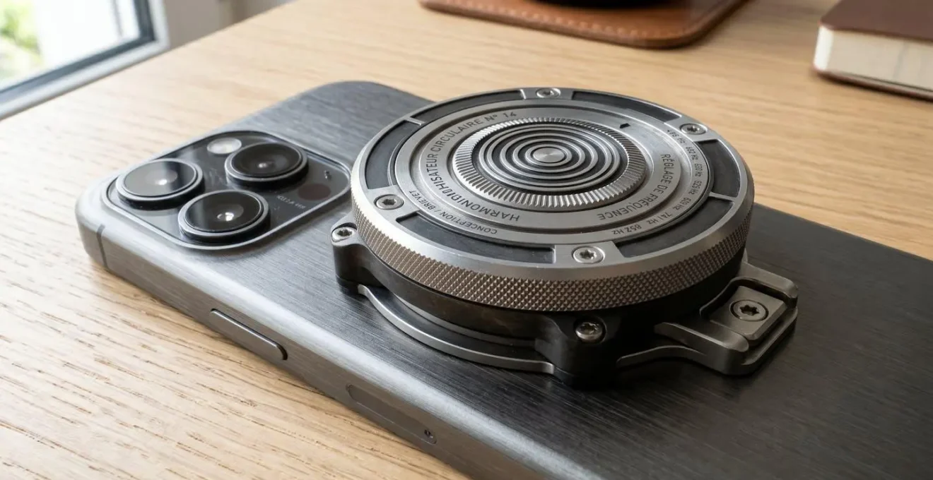 Gros plan d'un harmonisateur circulaire installé au dos d'un smartphone contemporain