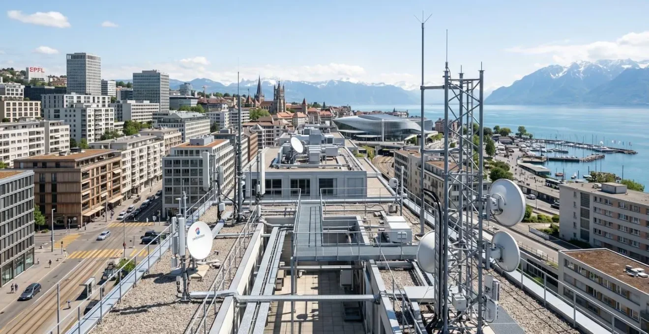 Paysage urbain suisse contemporain avec infrastructures de télécommunication visibles
