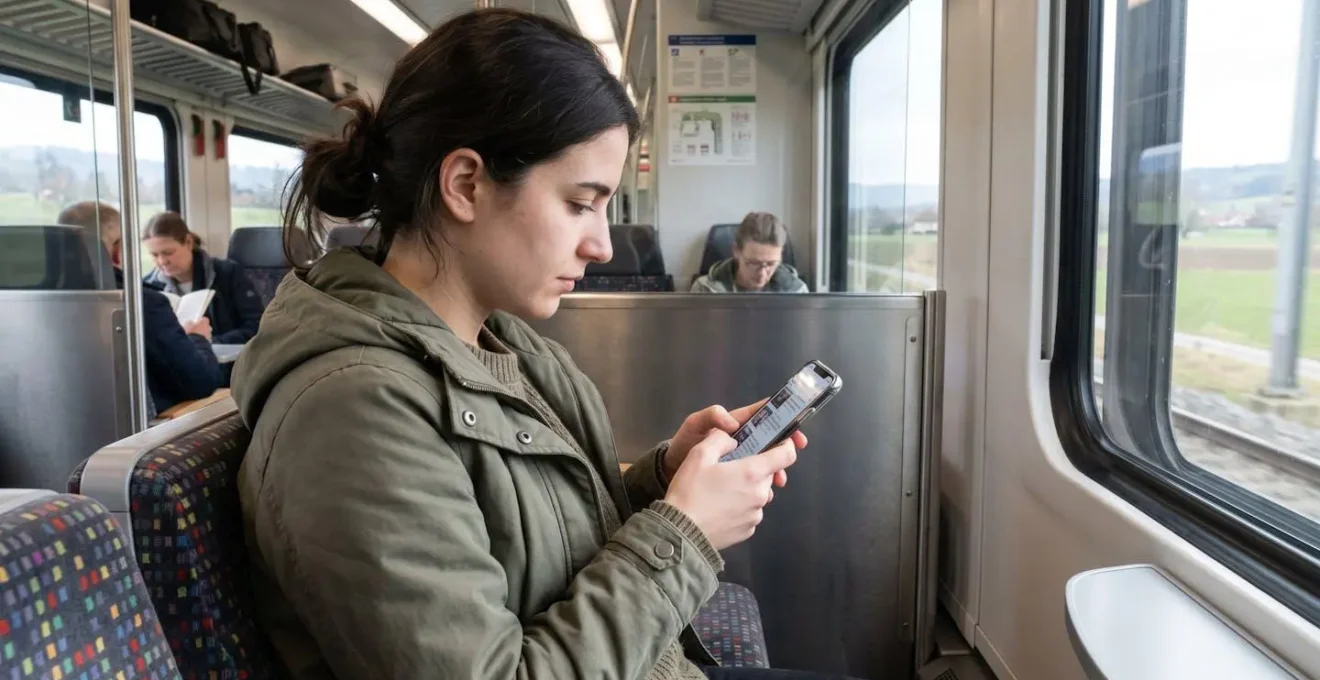 Personne utilisant son smartphone en transport public à proximité de la tête