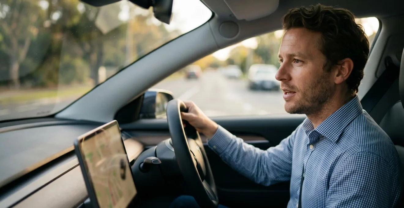 Conducteur professionnel passant un appel client dans sa voiture équipée d'un kit mains libres moderne