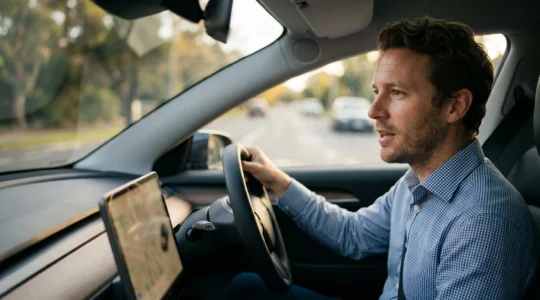 Conducteur professionnel passant un appel client dans sa voiture équipée d'un kit mains libres moderne