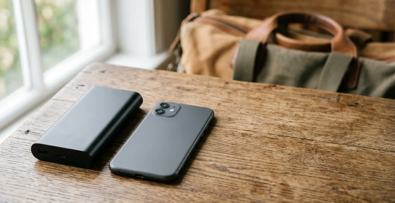 Batterie externe moderne connectée à un smartphone lors d'un long déplacement