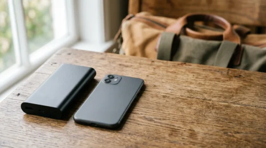 Batterie externe moderne connectée à un smartphone lors d'un long déplacement