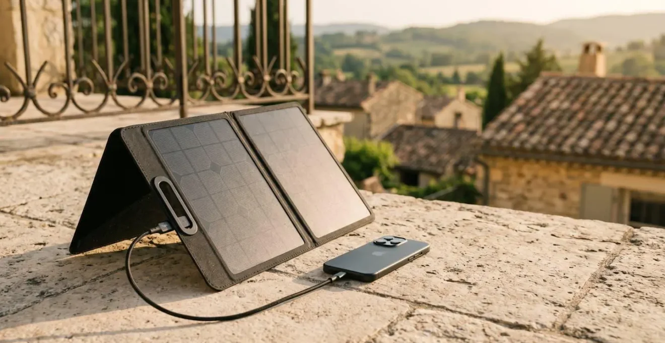 Panneau solaire portable chargeant un smartphone dans un environnement extérieur lumineux