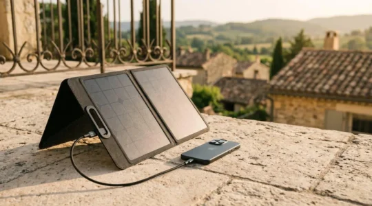 Panneau solaire portable chargeant un smartphone dans un environnement extérieur lumineux