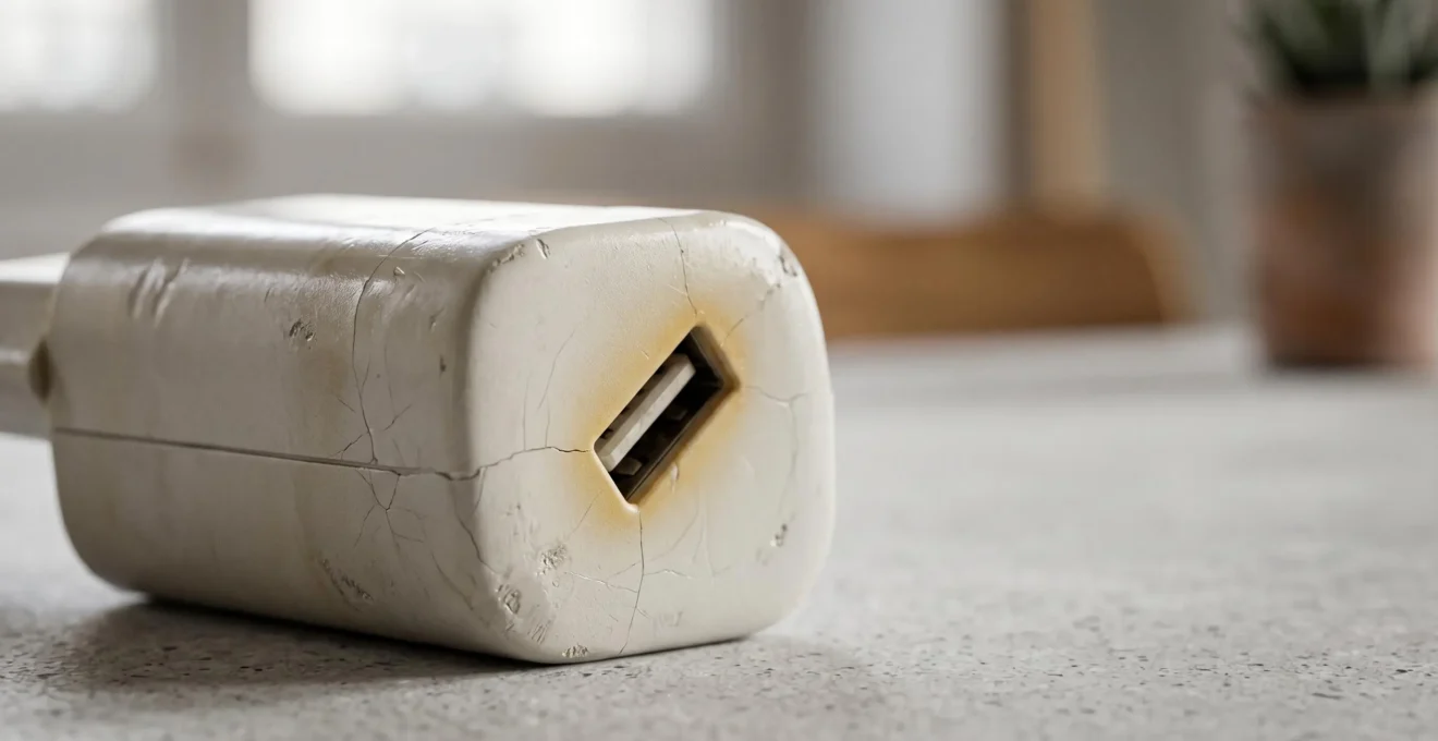 Détail d'un chargeur de téléphone défectueux avec signes de surchauffe visible sur une surface moderne