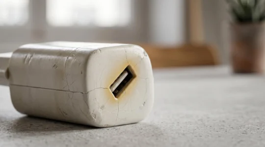 Détail d'un chargeur de téléphone défectueux avec signes de surchauffe visible sur une surface moderne