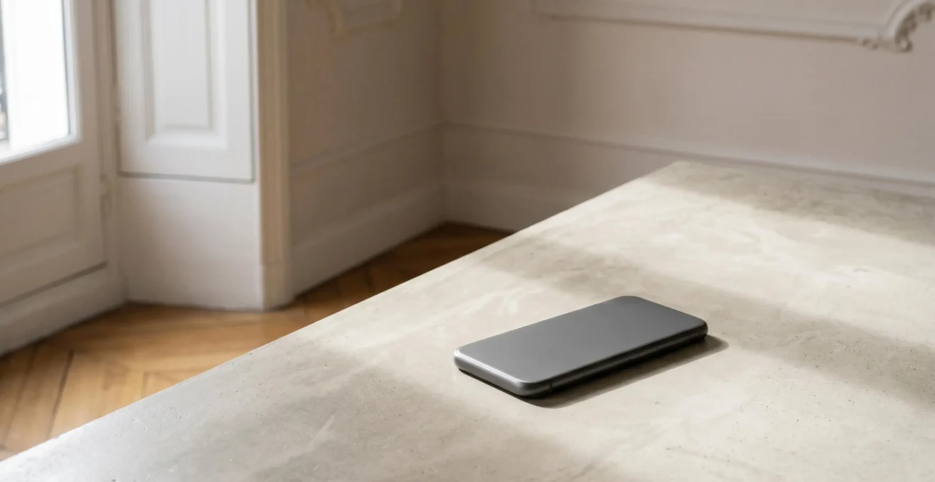 Photographie éditoriale d'un smartphone moderne posé sur une surface minimaliste avec espace négatif