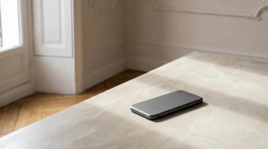 Photographie éditoriale d'un smartphone moderne posé sur une surface minimaliste avec espace négatif