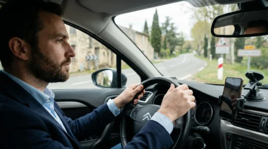 Professionnel commercial français en déplacement utilisant son smartphone de manière sécurisée dans son véhicule
