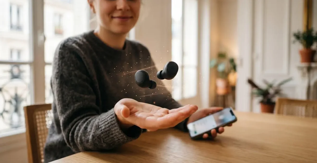 Écouteurs sans fil Bluetooth se connectant à un smartphone moderne dans un environnement épuré