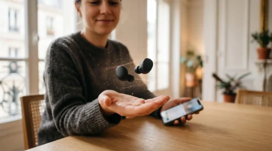 Écouteurs sans fil Bluetooth se connectant à un smartphone moderne dans un environnement épuré