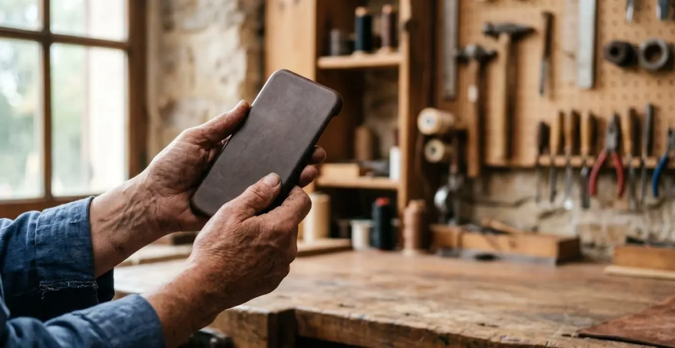 Gros plan sur des mains tenant délicatement une coque de smartphone dans un environnement de production artisanal