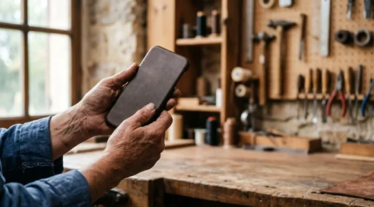 Gros plan sur des mains tenant délicatement une coque de smartphone dans un environnement de production artisanal