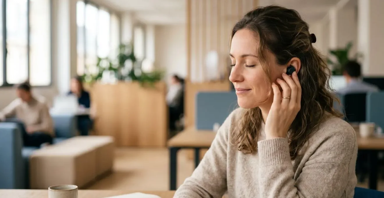Personne utilisant des écouteurs dans un environnement de travail avec attention portée au confort et à la santé auditive
