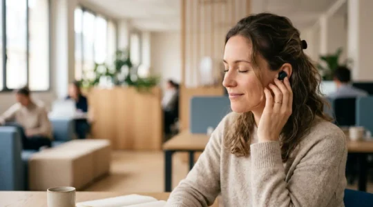 Personne utilisant des écouteurs dans un environnement de travail avec attention portée au confort et à la santé auditive