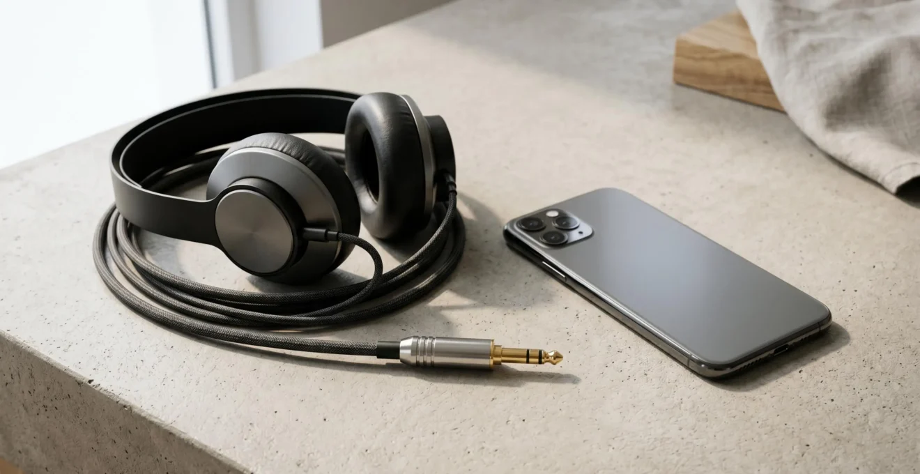 Écouteurs professionnels avec connecteur jack et smartphone moderne sur surface épurée