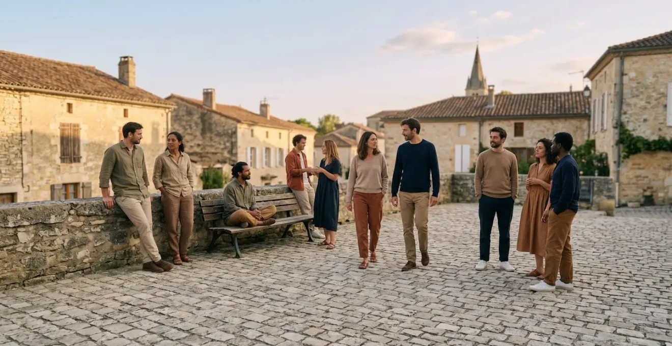 Groupe de personnes rassemblées dans un espace ouvert avec une composition photographique équilibrée et naturelle