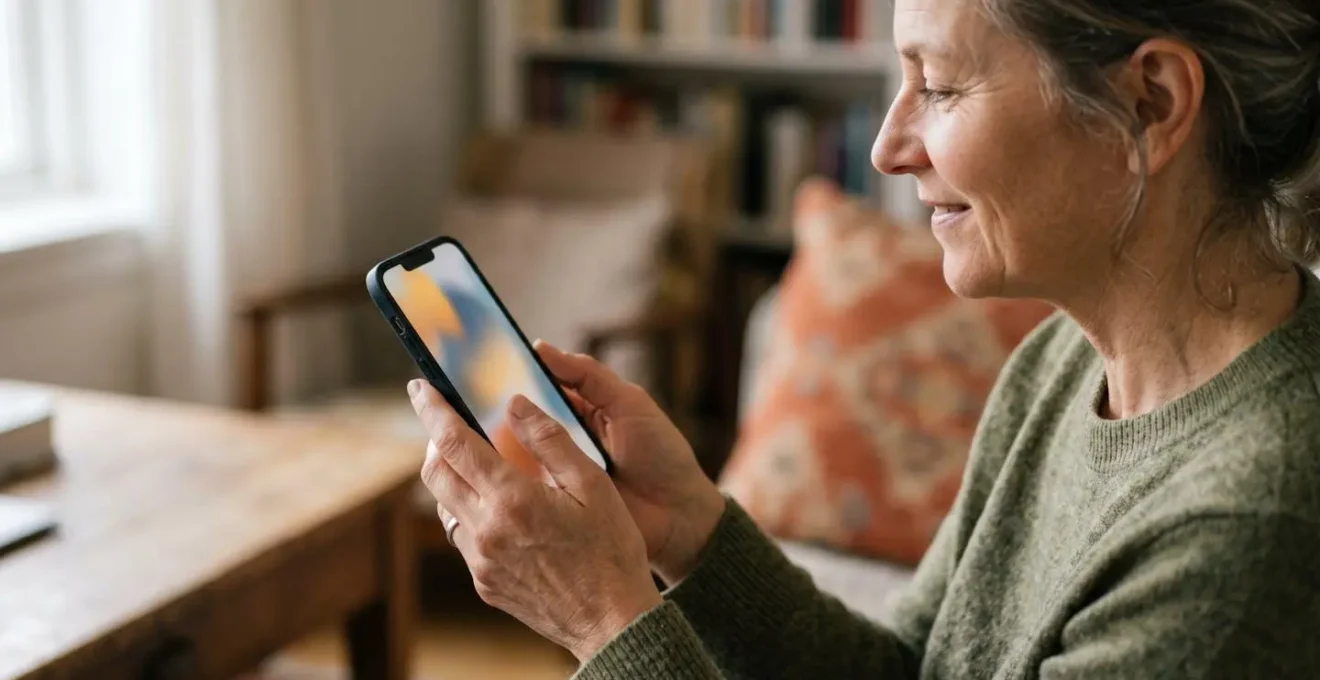 Une personne utilisant sereinement son smartphone à distance optimale avec une luminosité douce