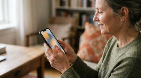 Une personne utilisant sereinement son smartphone à distance optimale avec une luminosité douce