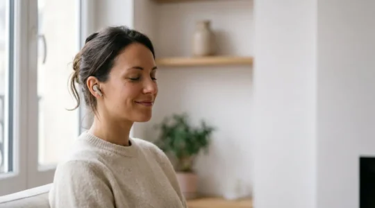 Personne profitant d'un son sans fil de qualité dans un environnement moderne et épuré