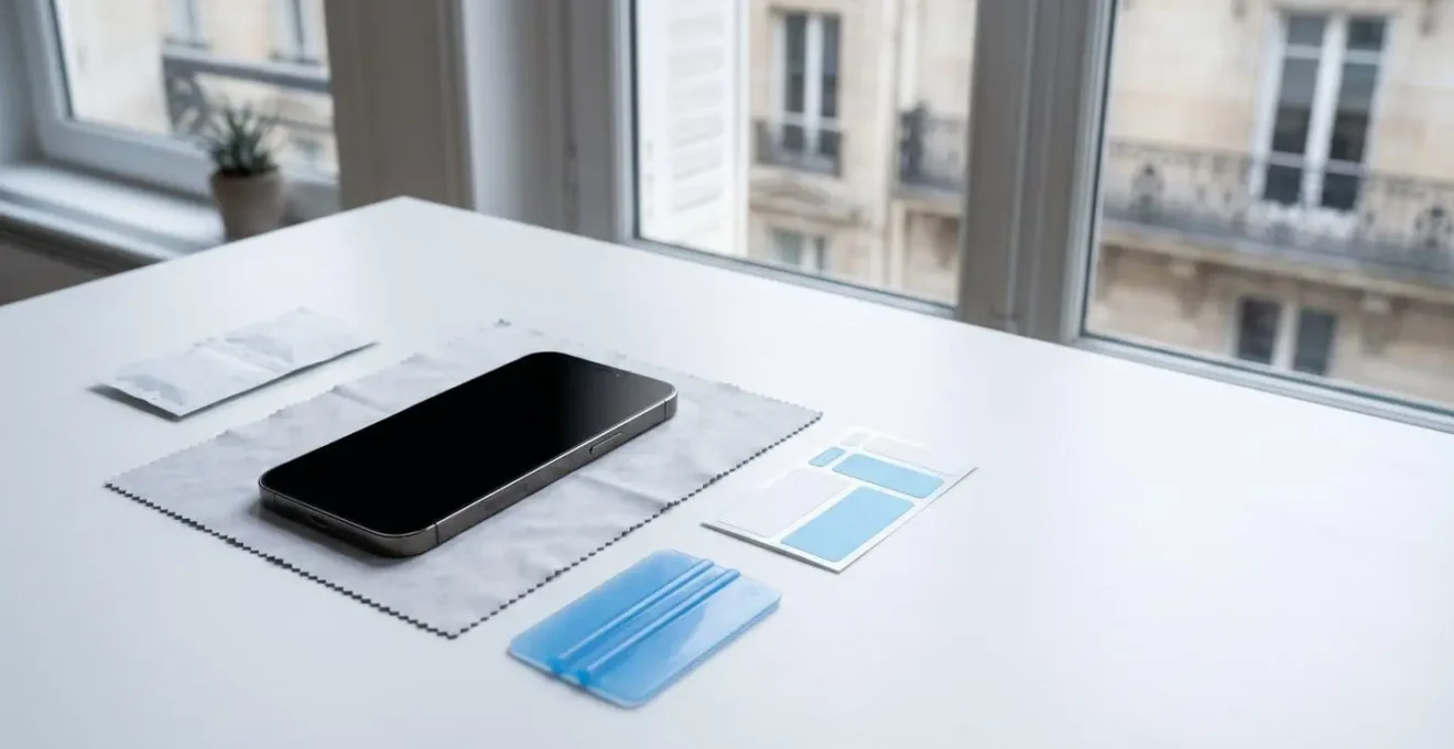 Préparation professionnelle pour la pose d'un film protecteur d'écran sur smartphone dans un environnement épuré