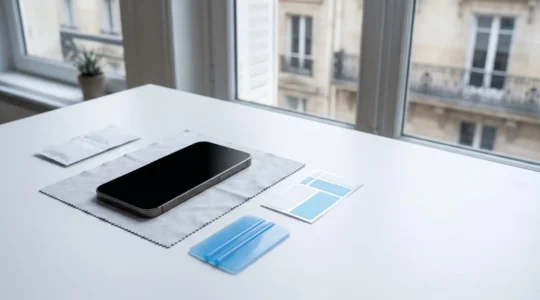 Préparation professionnelle pour la pose d'un film protecteur d'écran sur smartphone dans un environnement épuré