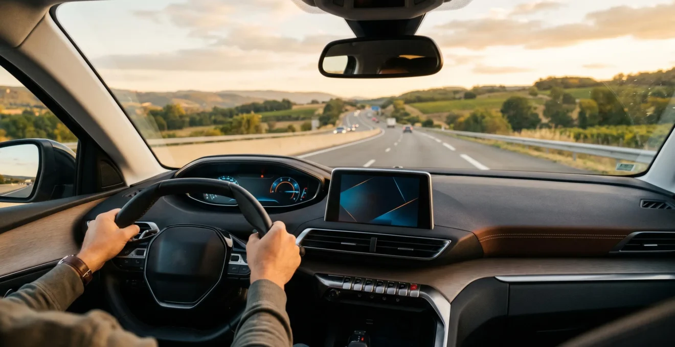 Professionnel concentré sur la route, habitacle moderne avec système mains-libres intégré