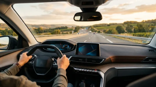 Professionnel concentré sur la route, habitacle moderne avec système mains-libres intégré