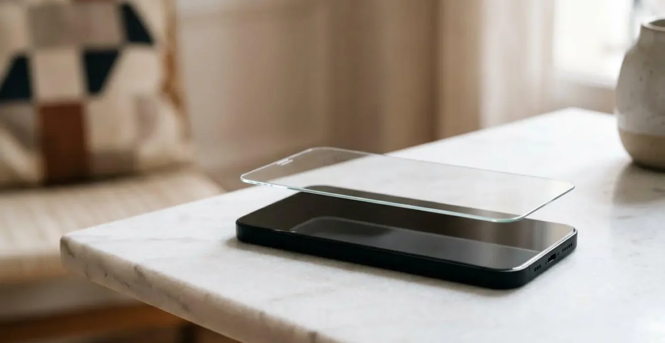 Gros plan d'une main tenant délicatement une protection d'écran en verre trempé au-dessus d'un smartphone, dans une composition épurée évoquant la sécurité et la transparence