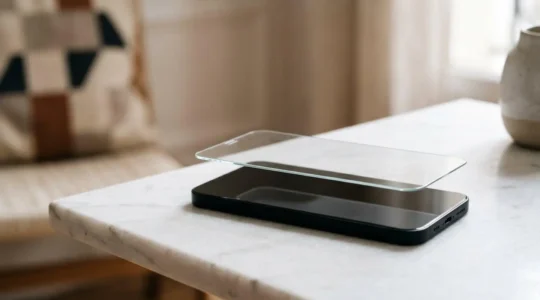 Gros plan d'une main tenant délicatement une protection d'écran en verre trempé au-dessus d'un smartphone, dans une composition épurée évoquant la sécurité et la transparence