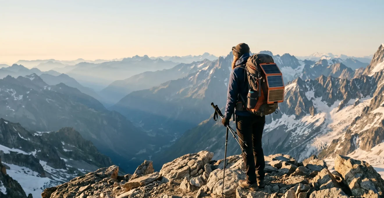 Randonneur au sommet d'une montagne française avec panneau solaire fixé sur son sac à dos, paysage de montagne en arrière-plan