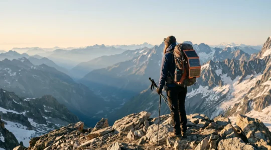 Randonneur au sommet d'une montagne française avec panneau solaire fixé sur son sac à dos, paysage de montagne en arrière-plan