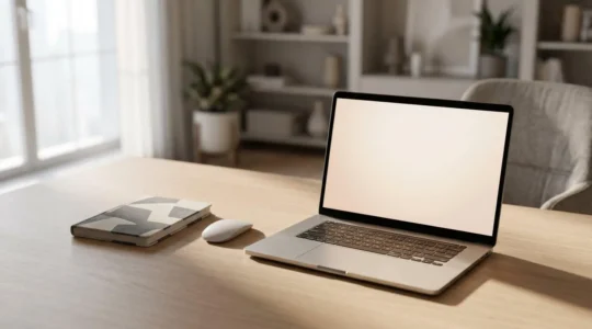 Espace de travail numérique minimaliste avec zone de recherche active montrant l'organisation de fichiers