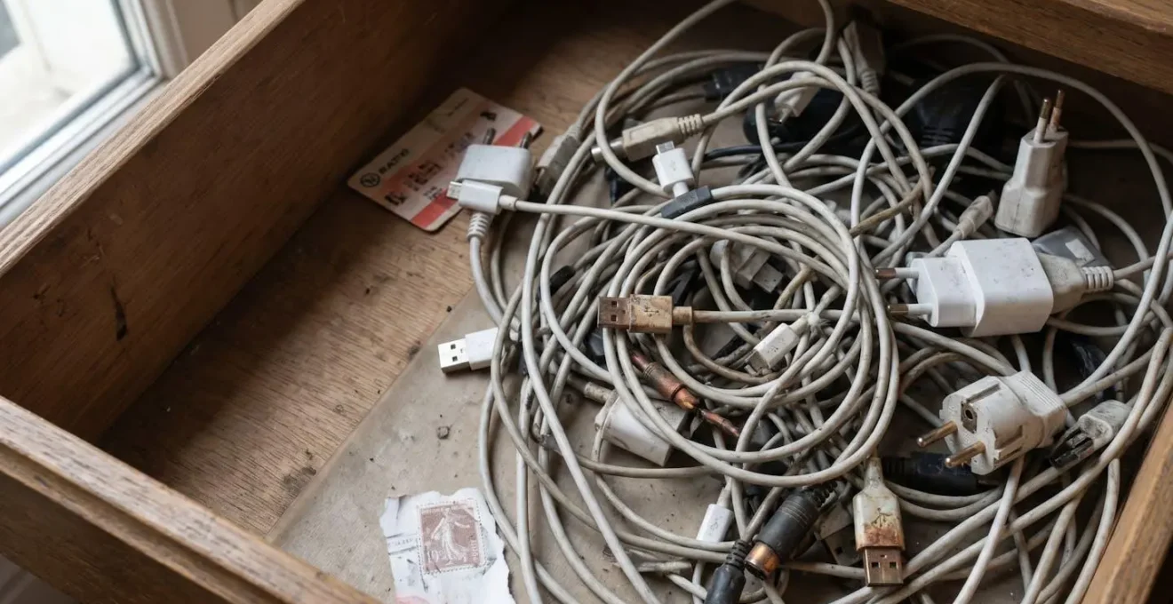 Chargeurs de smartphones et câbles USB enchevêtrés dans un tiroir domestique français symbolisant l'accumulation numérique
