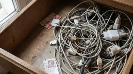 Chargeurs de smartphones et câbles USB enchevêtrés dans un tiroir domestique français symbolisant l'accumulation numérique
