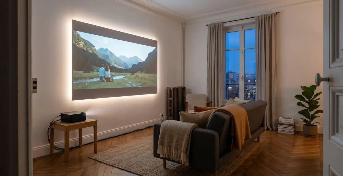 Salon français transformé en salle de cinéma avec projecteur et écran géant dans une ambiance tamisée