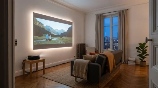 Salon français transformé en salle de cinéma avec projecteur et écran géant dans une ambiance tamisée