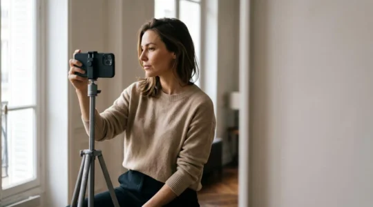 Portrait moderne au smartphone avec lumière naturelle et composition professionnelle