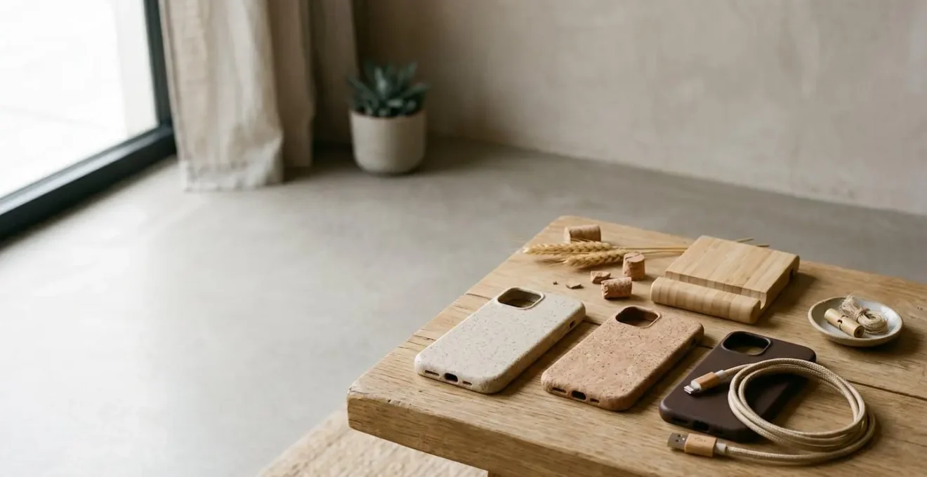 Composition minimaliste d'accessoires de smartphone écologiques et biodégradables sur fond naturel