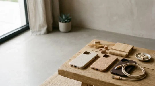 Composition minimaliste d'accessoires de smartphone écologiques et biodégradables sur fond naturel