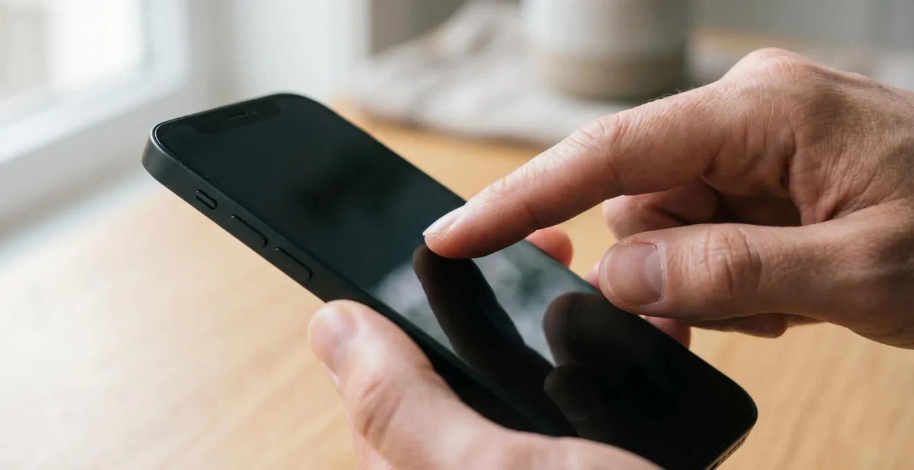 Main effleurant délicatement l'écran d'un smartphone protégé, capturant la fluidité du geste tactile