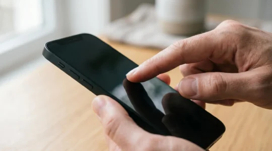 Main effleurant délicatement l'écran d'un smartphone protégé, capturant la fluidité du geste tactile