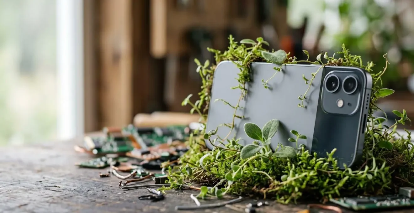 Smartphone partiellement recouvert de mousse et de feuilles vertes symbolisant l'impact environnemental et la nécessité de pratiques durables