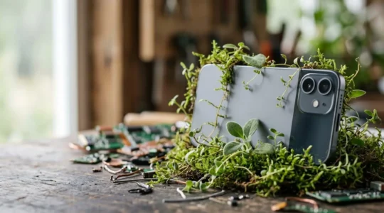 Smartphone partiellement recouvert de mousse et de feuilles vertes symbolisant l'impact environnemental et la nécessité de pratiques durables