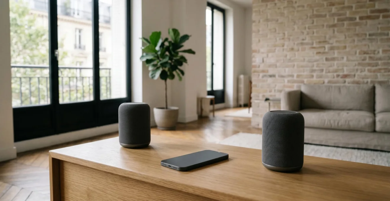 Mise en scène minimaliste d'un smartphone et d'enceintes Bluetooth portables sur une surface moderne, symbolisant une configuration audio abordable pour la maison