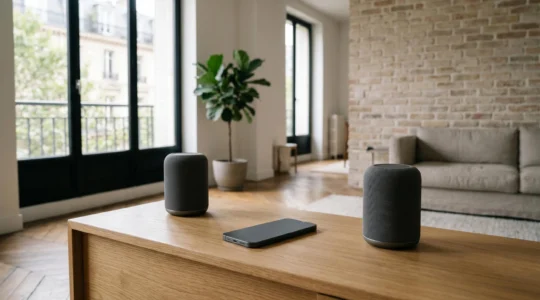 Mise en scène minimaliste d'un smartphone et d'enceintes Bluetooth portables sur une surface moderne, symbolisant une configuration audio abordable pour la maison