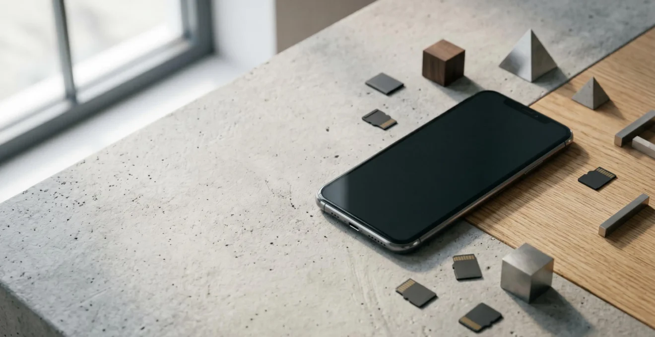 Smartphone moderne avec indicateur de stockage, illustrant la gestion de l'espace mémoire sans élément textuel visible