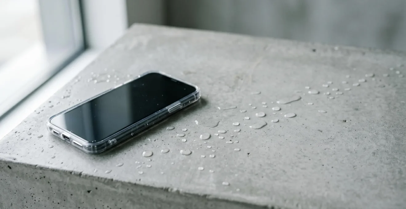 Smartphone moderne protégé par une coque transparente étanche, à proximité de gouttelettes d'eau et d'une surface humide