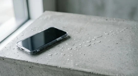 Smartphone moderne protégé par une coque transparente étanche, à proximité de gouttelettes d'eau et d'une surface humide